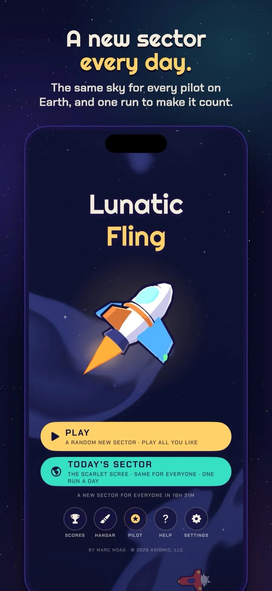Title screen with Play and Today's Sector buttons, captioned A new sector every day