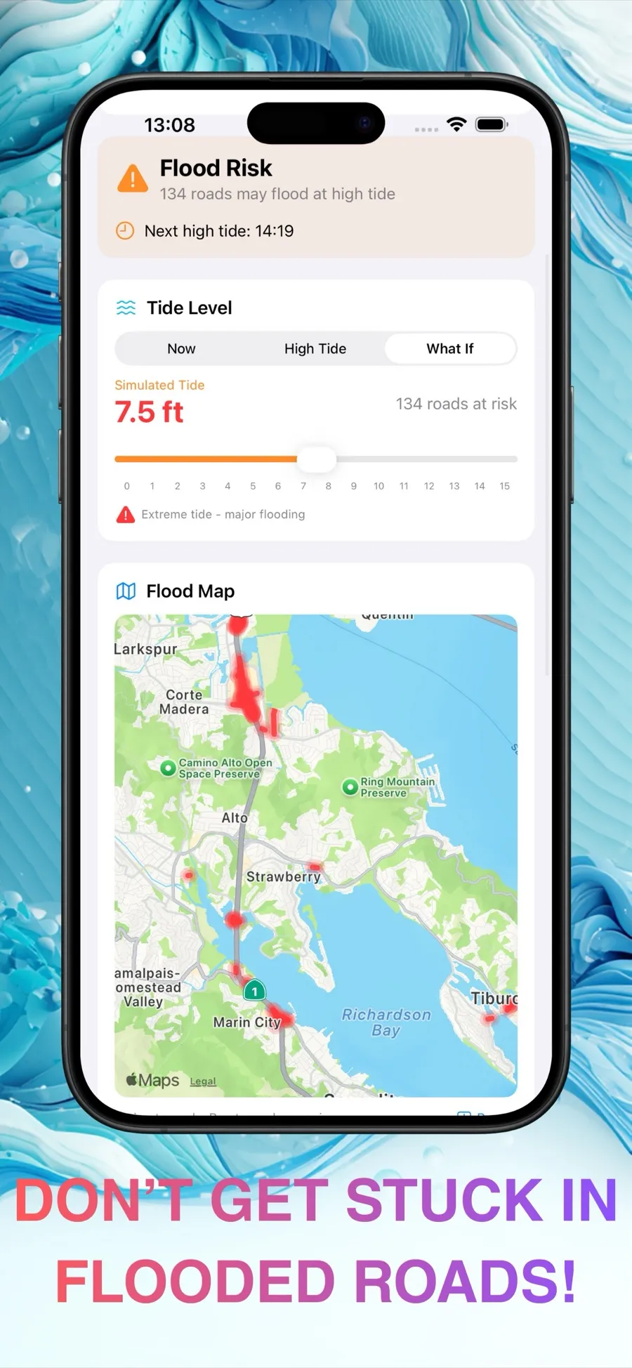 Flood risk dashboard with the tide level and a Marin County map of at-risk roads, captioned Don't get stuck in flooded roads