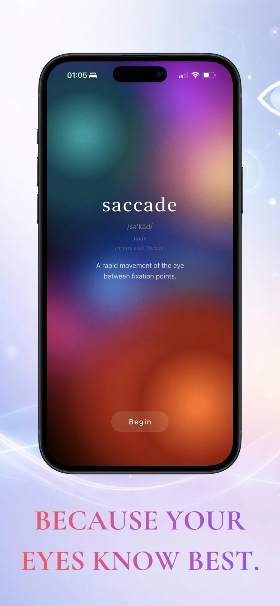 The Saccade splash screen with the word's definition, captioned Because your eyes know best