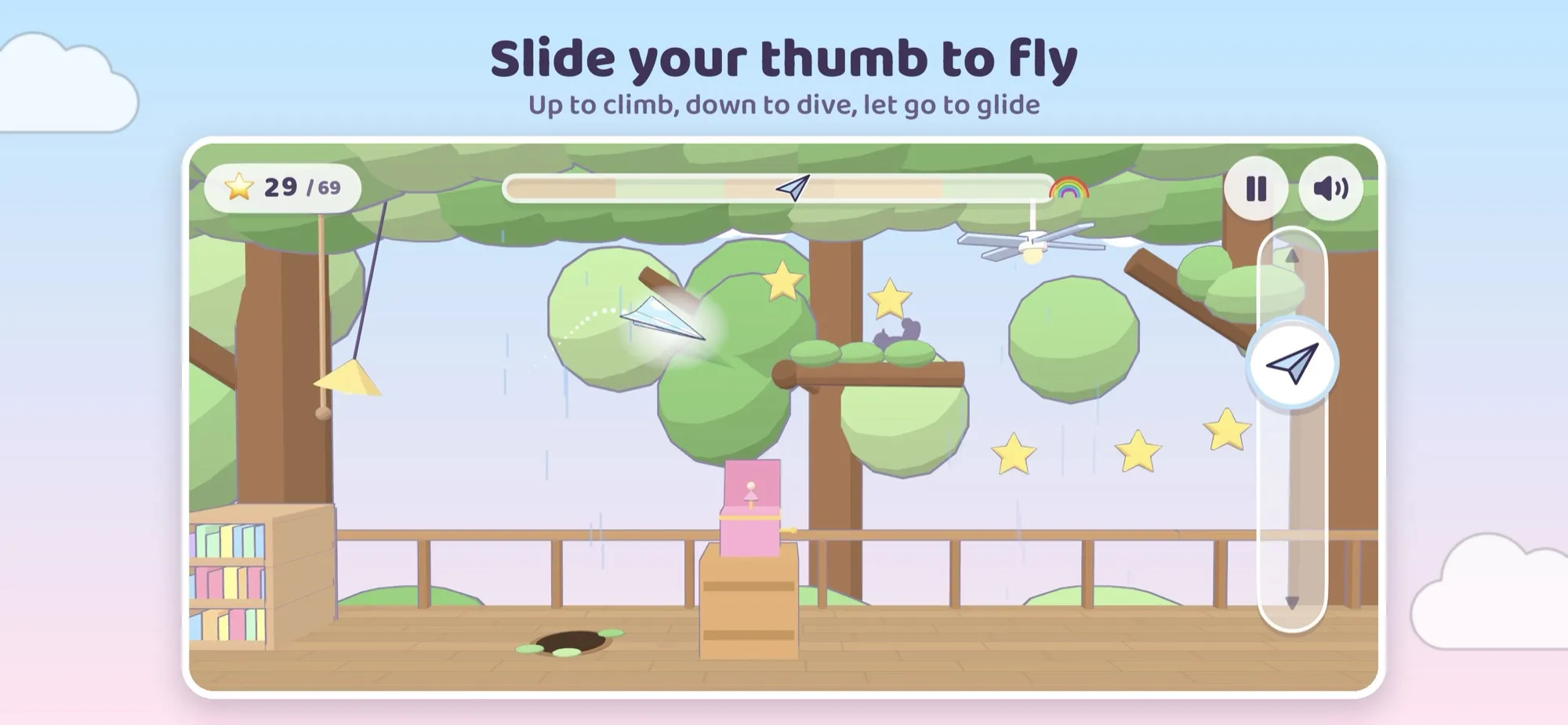 A paper airplane gliding through a treehouse full of stars, captioned Slide your thumb to fly