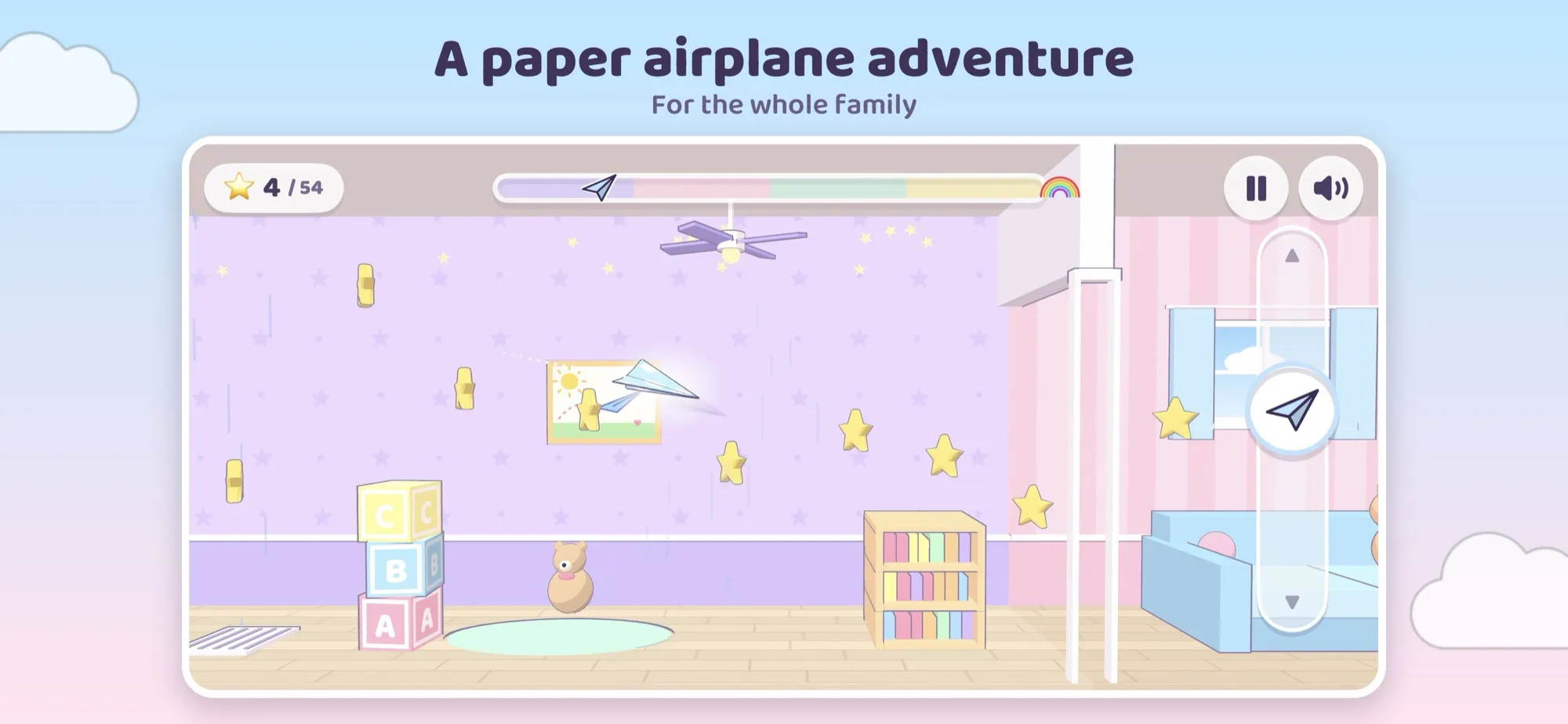 Flying through a pastel kid's room, captioned A paper airplane adventure