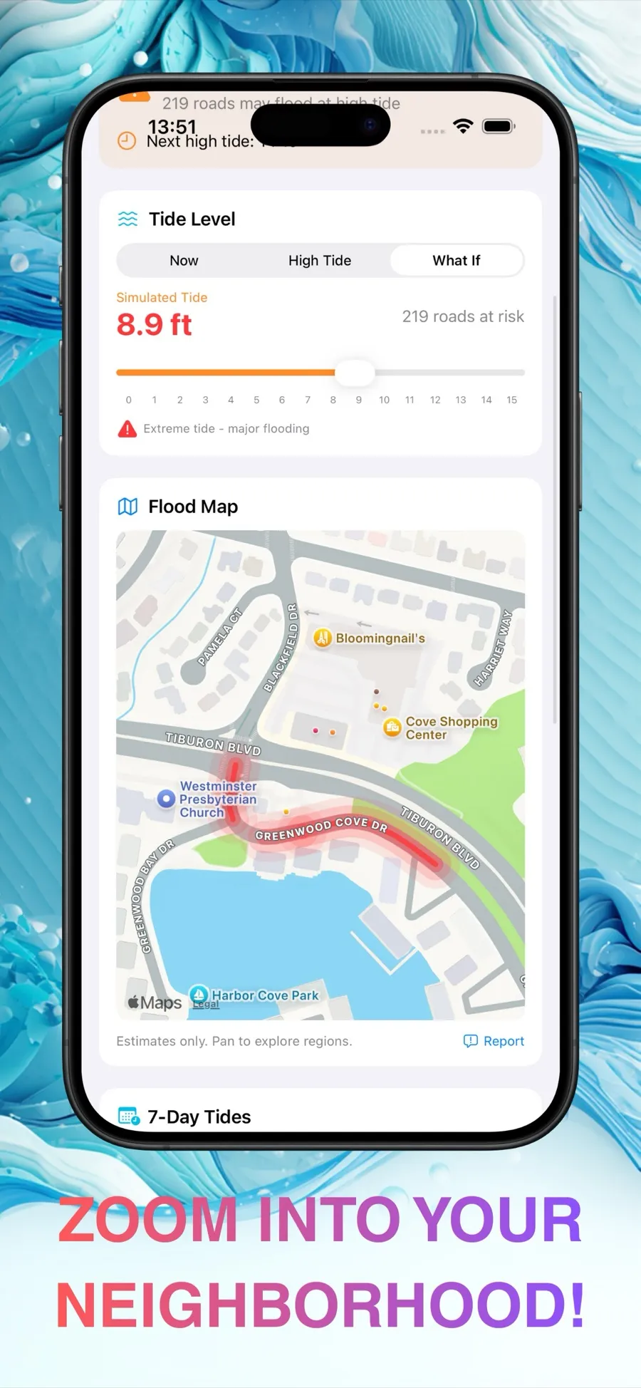 A zoomed-in neighborhood flood map, captioned Zoom into your neighborhood