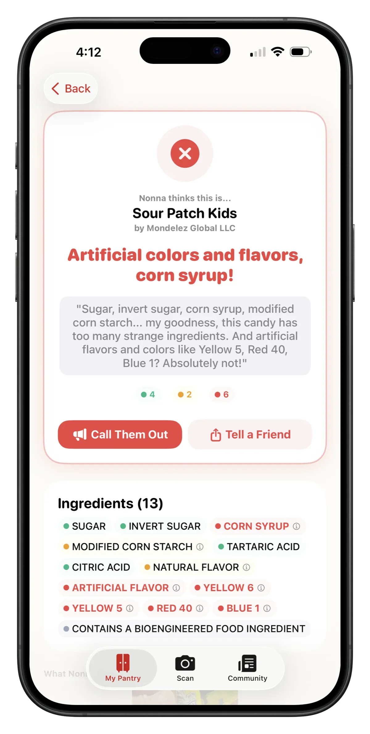 A scan result: Nonna calls out artificial colors and corn syrup in a candy and lists its 13 ingredients