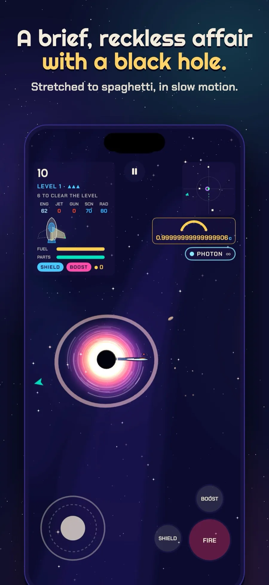 A ship stretched toward a black hole, captioned A brief, reckless affair with a black hole