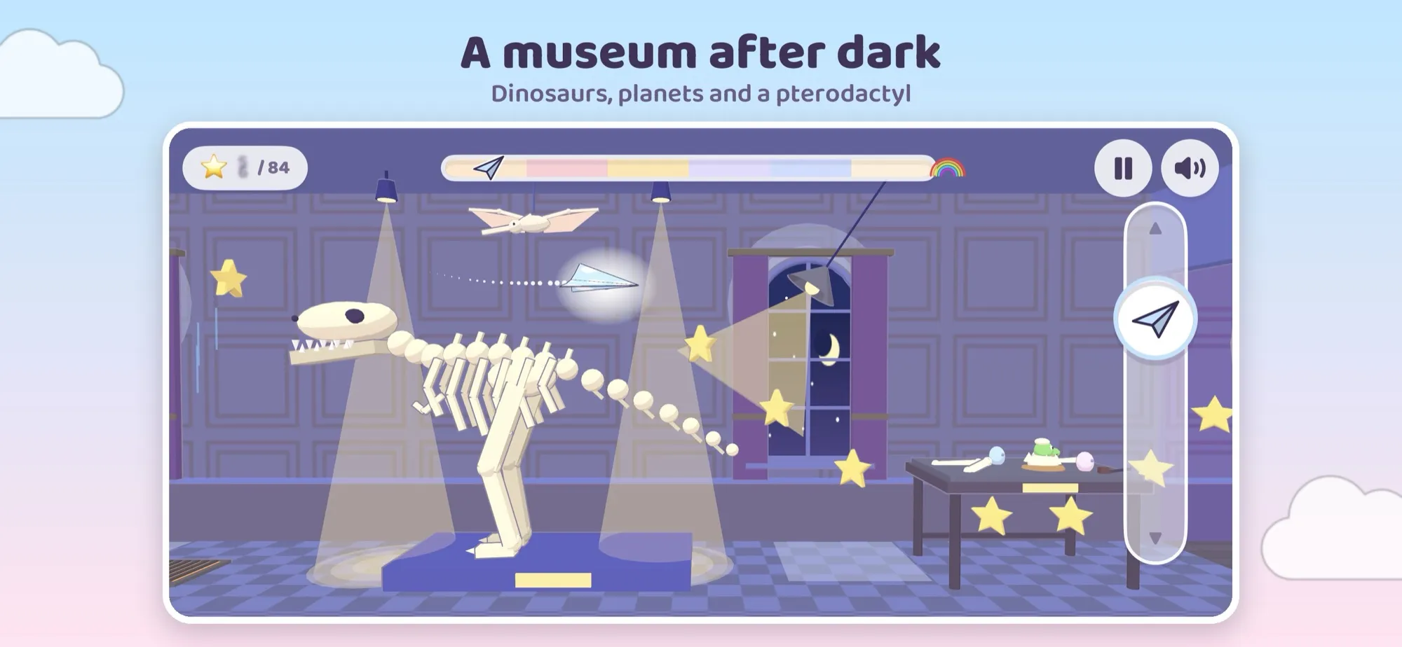 A dinosaur skeleton in a museum at night, captioned A museum after dark
