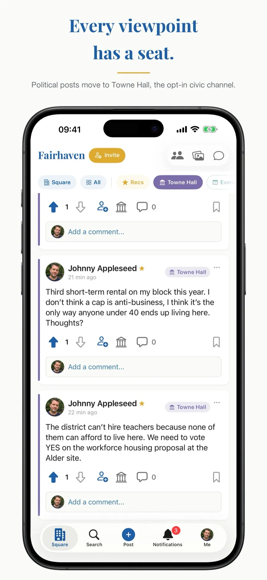 Towne Hall, the opt-in channel for civic and political posts, captioned Every viewpoint has a seat