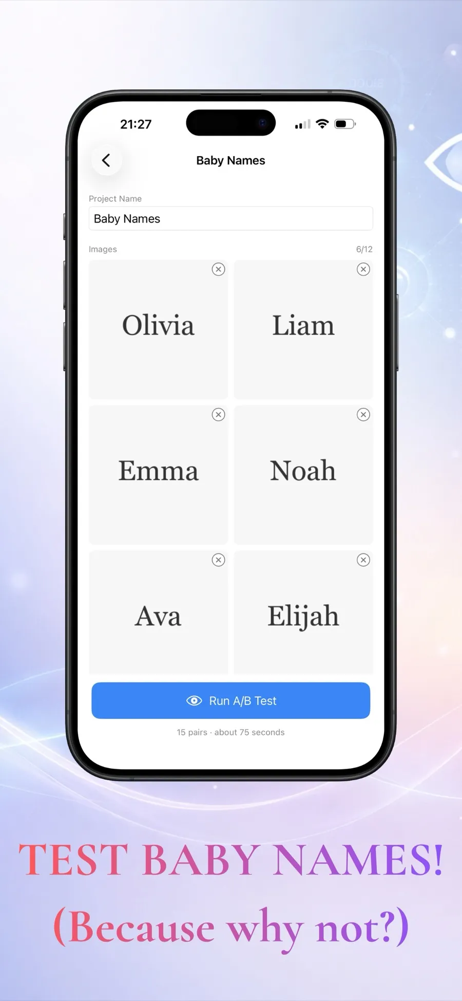 A test of six baby names, captioned Test baby names