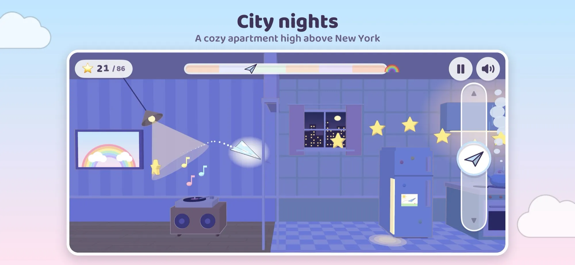 A city apartment at night with a record player and a skyline window, captioned City nights