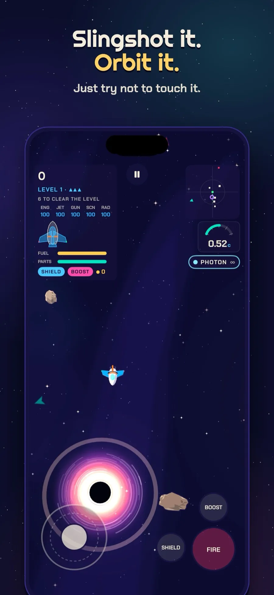 A ship slingshotting around a black hole, captioned Slingshot it. Orbit it.