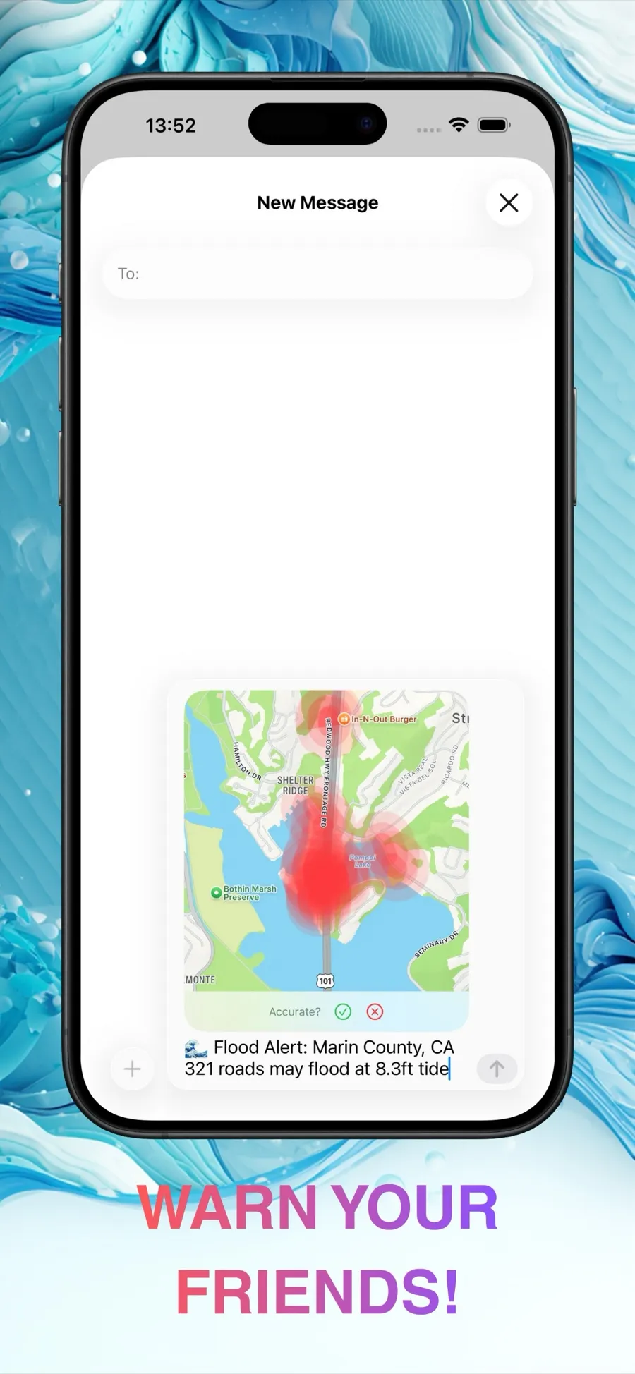Sharing a flood alert map in a message, captioned Warn your friends