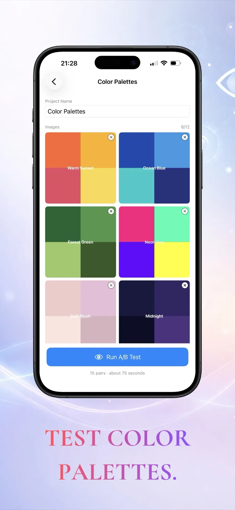 A test of six color palettes, captioned Test color palettes