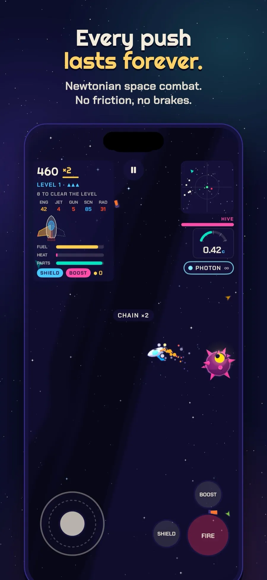 A ship firing at a spiked alien in open space, captioned Every push lasts forever