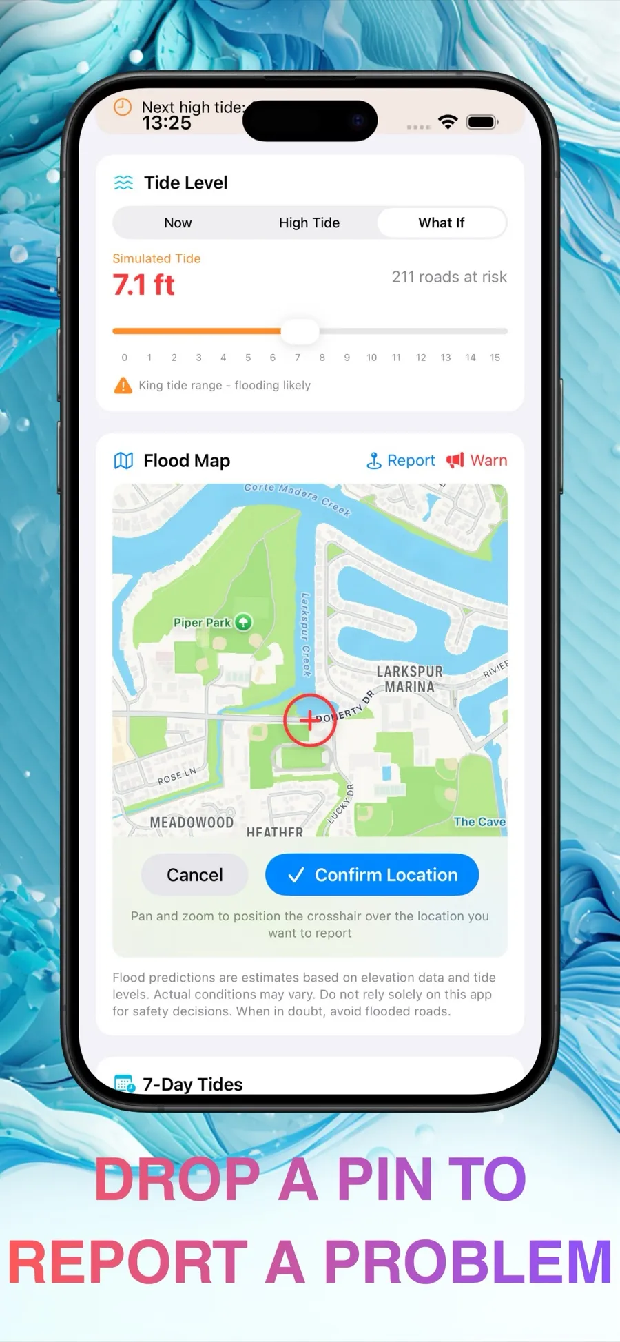 Dropping a pin on the map to report a problem, captioned Drop a pin to report a problem