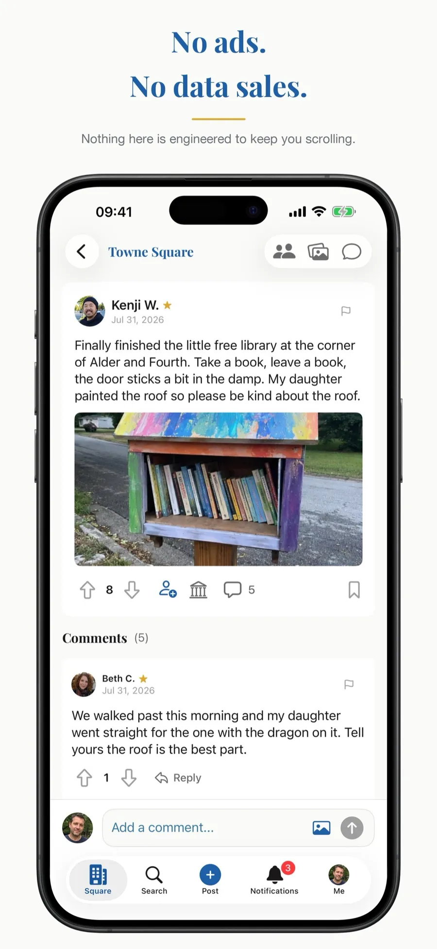 A post about a little free library, with neighbors' comments, captioned No ads. No data sales.