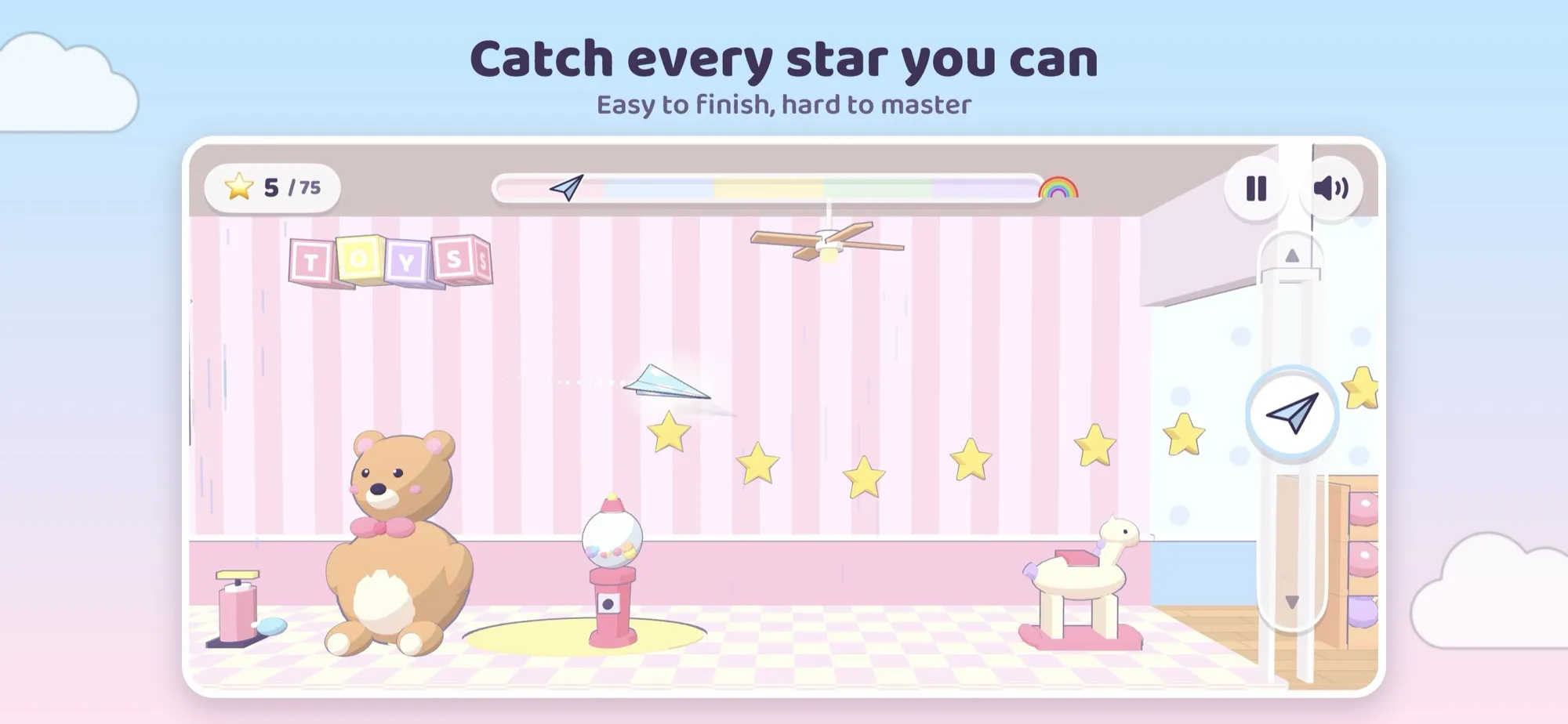A pink nursery with a teddy bear and a trail of stars, captioned Catch every star you can
