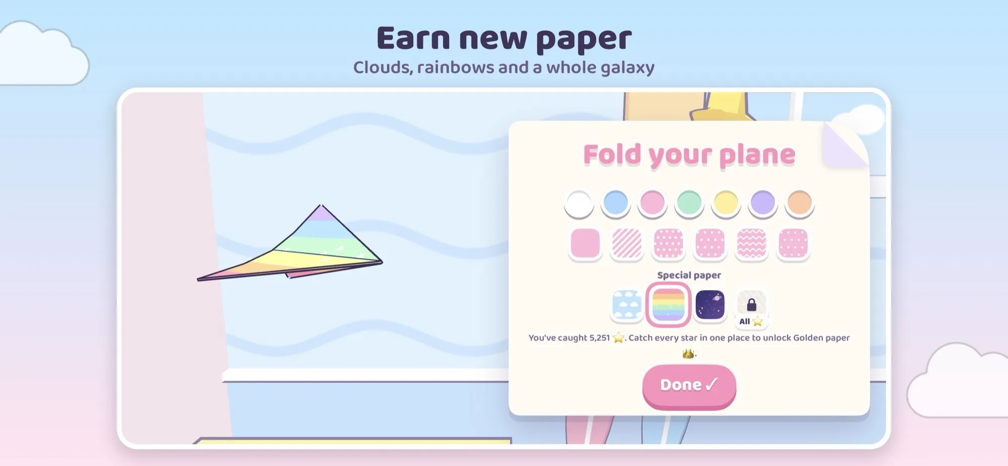 Picking a new paper pattern to fold the plane, captioned Earn new paper