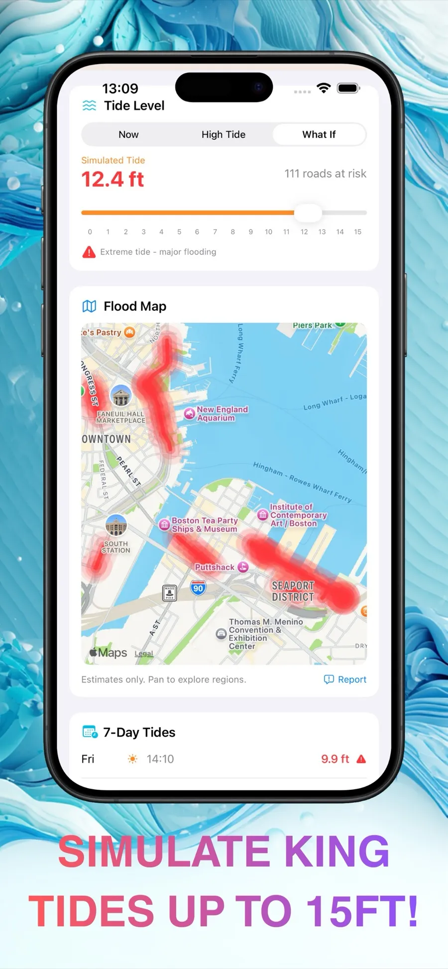 Simulating a 12.4-foot king tide over a waterfront, captioned Simulate king tides up to 15 ft