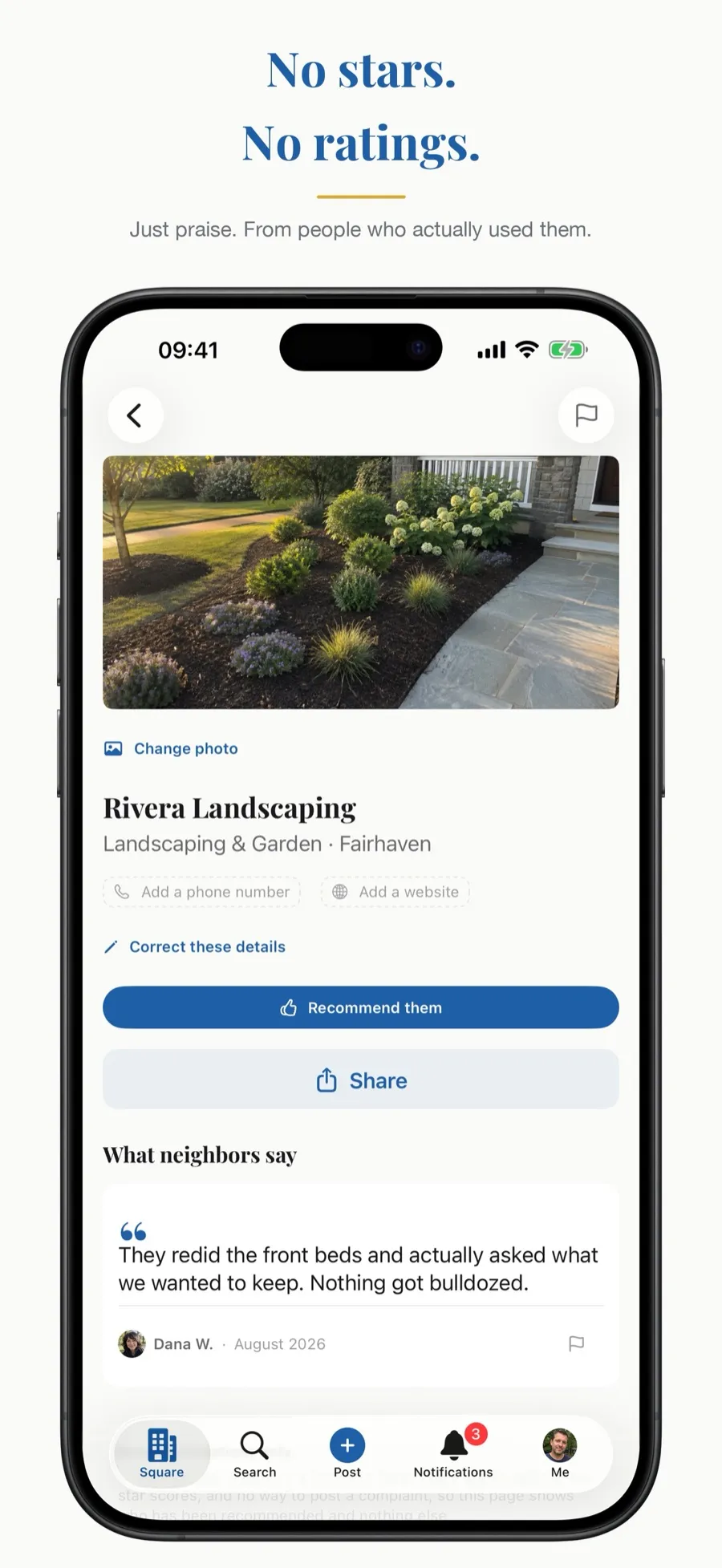A landscaper's page with neighbors' praise, captioned No stars. No ratings.