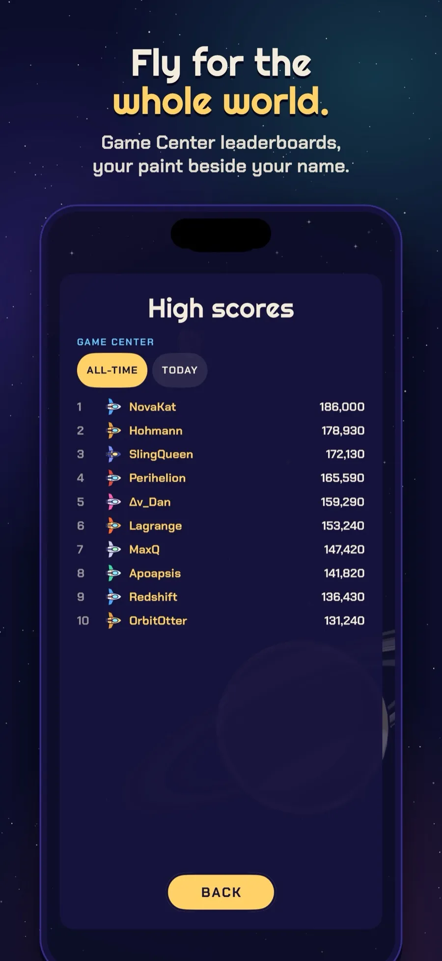 Game Center high scores, the all-time top ten, captioned Fly for the whole world