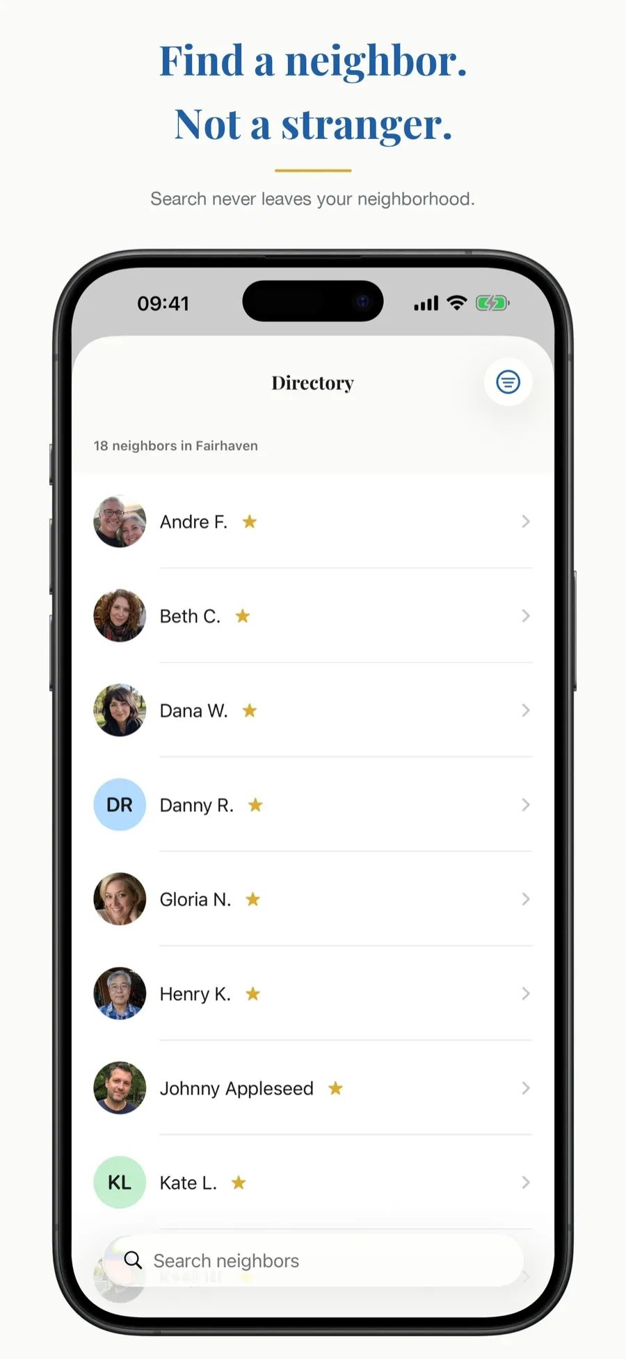 The neighbor directory, captioned Find a neighbor. Not a stranger.