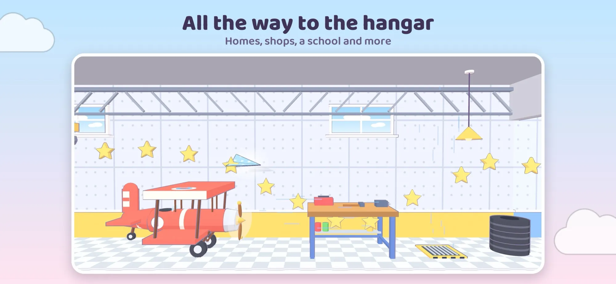 An airplane hangar with a red biplane, captioned All the way to the hangar